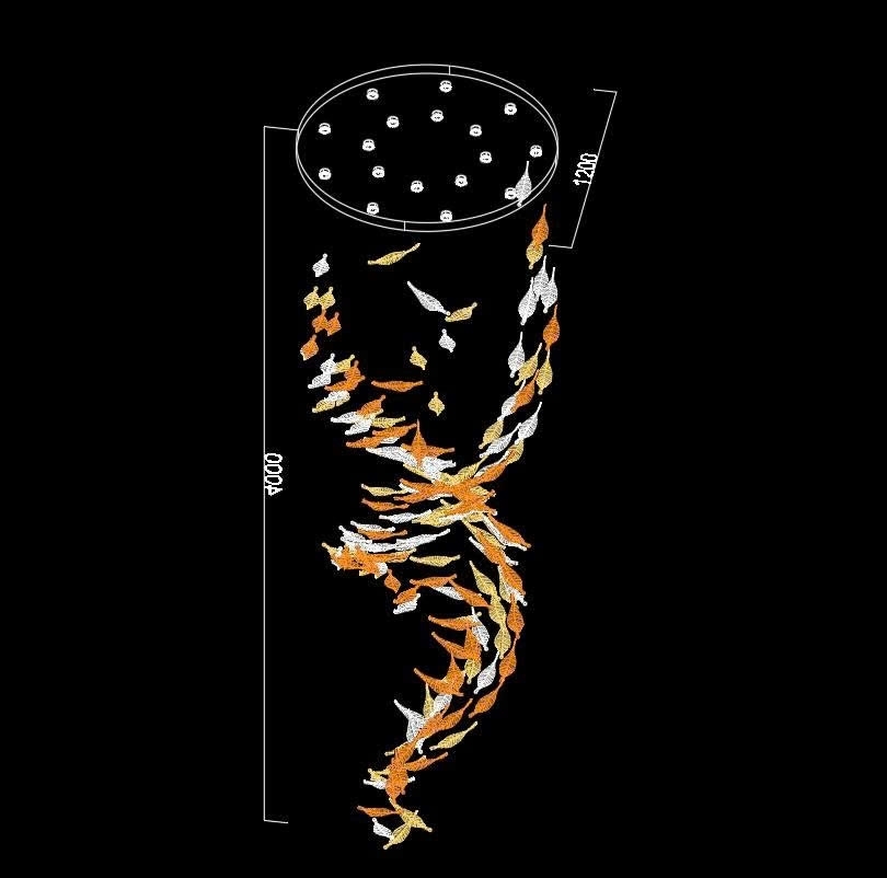 Đèn thông tầng dimmer lá lông vũ cao cấp PL045 gồm mâm inox tròn gương trắng, 17 đèn dimmer D40, 150 lá lông vũ trắng lẫn và lá hổ phách, KT(mm): D1200 x H4000